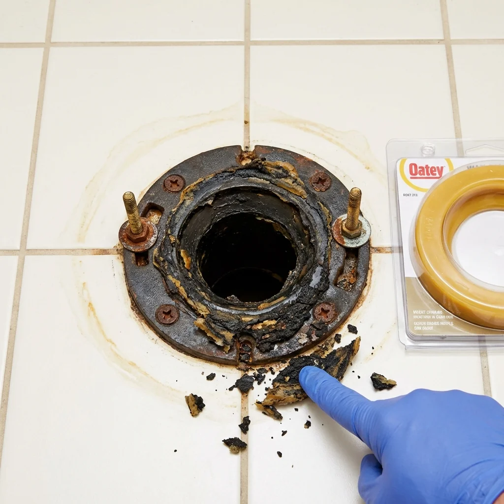 Failed wax ring showing water seepage at the base of a toilet in a Creston, OH home